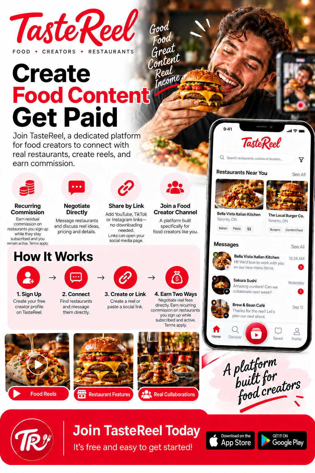 TasteReel creator campaign: create food content, connect with restaurants and earn commission.