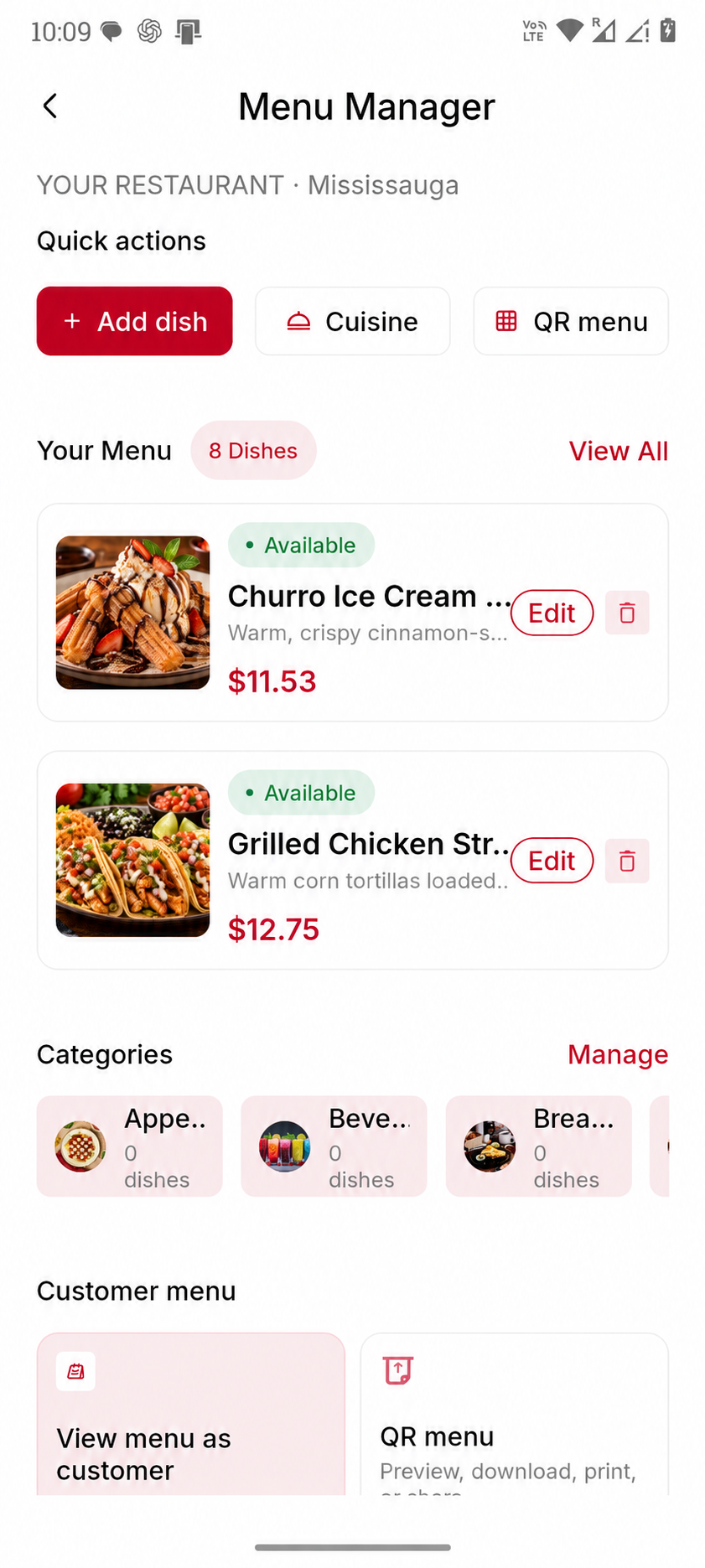 TasteReel Menu Manager with add dish, edit price, availability, categories and QR menu controls.