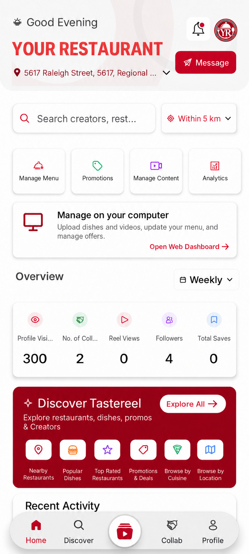 TasteReel restaurant dashboard with menu, promotion, content and analytics tools.