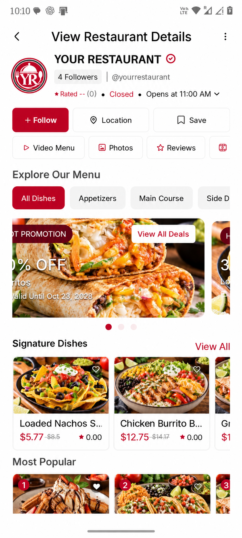TasteReel restaurant detail page with location, video menu, photos, reviews, promotions and dishes.