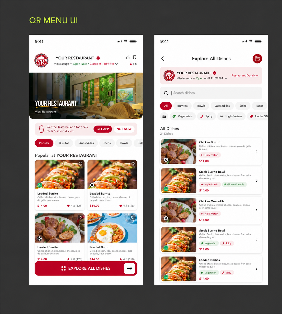 TasteReel QR menu opened as a mobile web experience with dishes, filters, photos and prices.